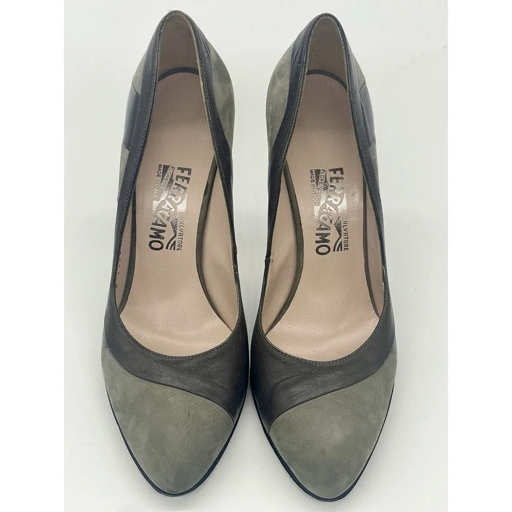 Salvatore Ferragamo Gray Italian Leather Heels Sz 9 Shoes Pumps Designer